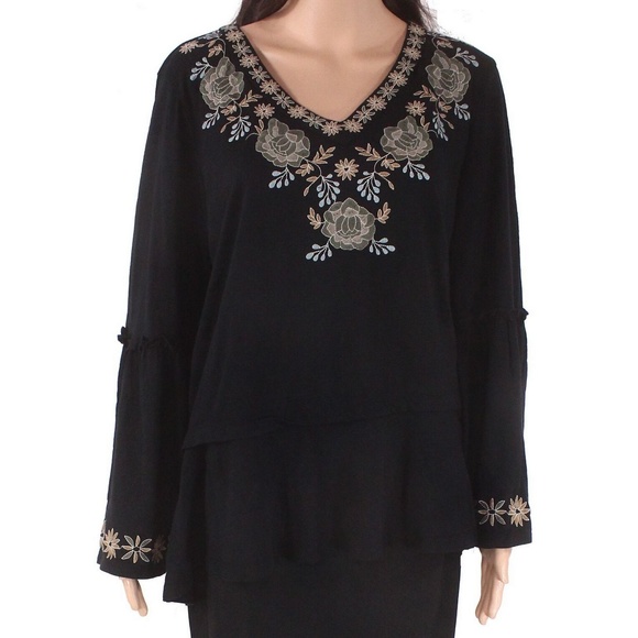 Style & Co. Tops - Style Co Black Floral Embroidered Peplum Knit Top